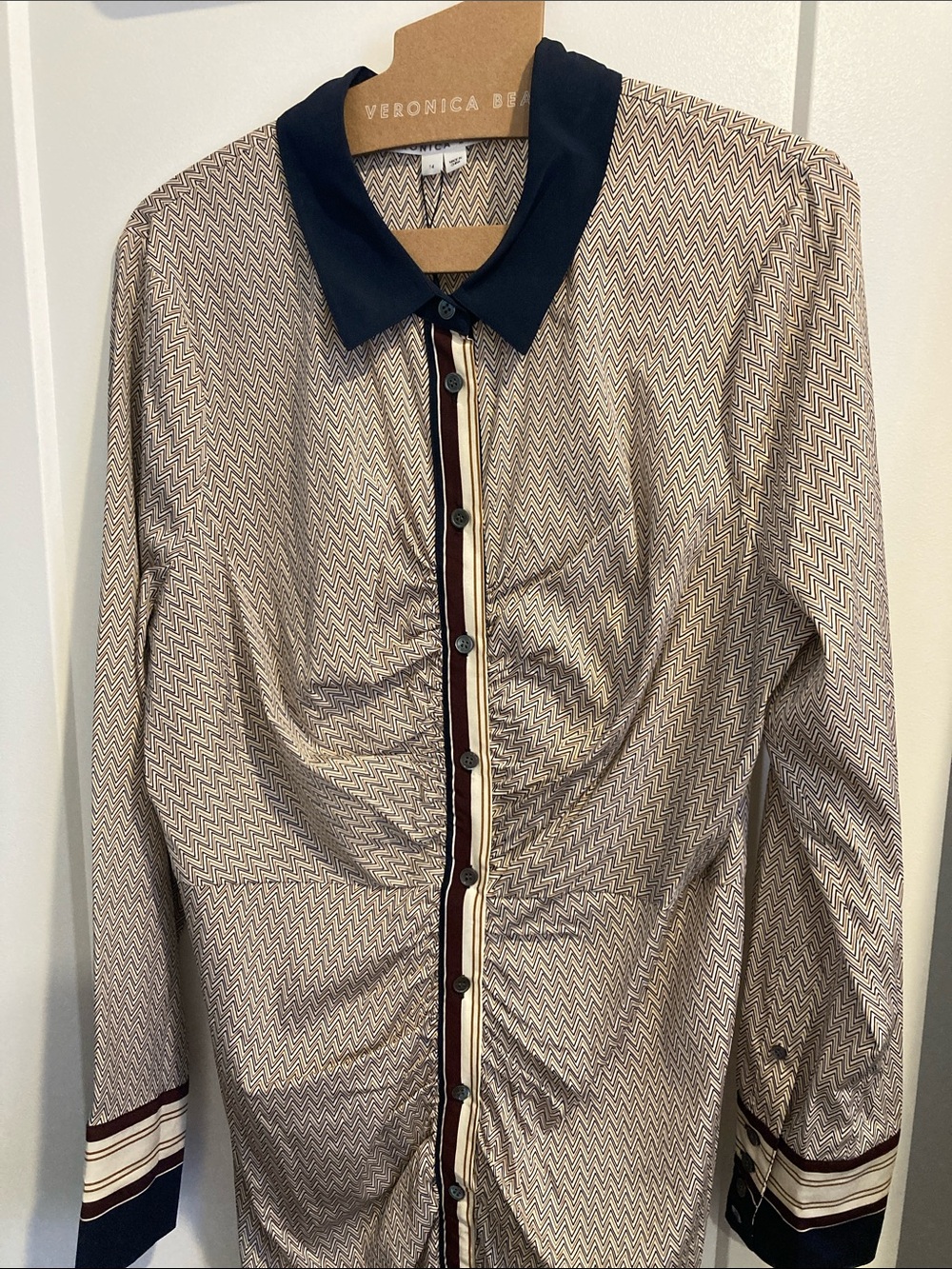 Veronica Beard Taupe Patterned Long-Sleeve Button Dress with Navy Collar